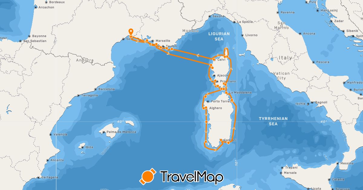 TravelMap itinerary: driving, boat in France, Italy (Europe)