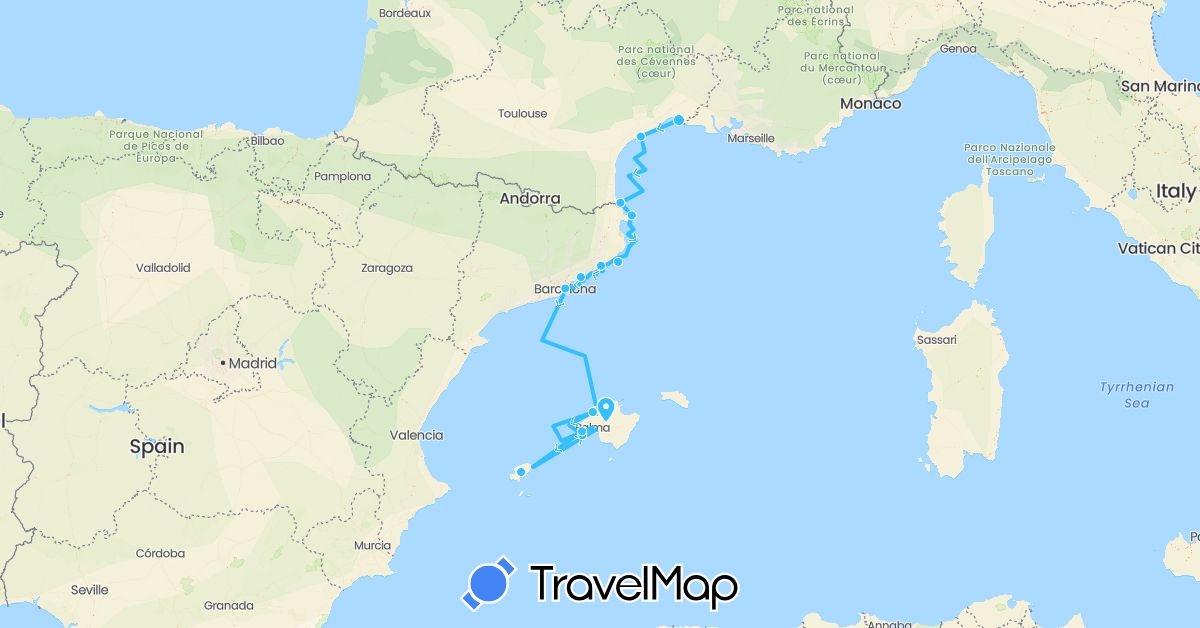 TravelMap itinerary: driving, boat in Spain, France (Europe)