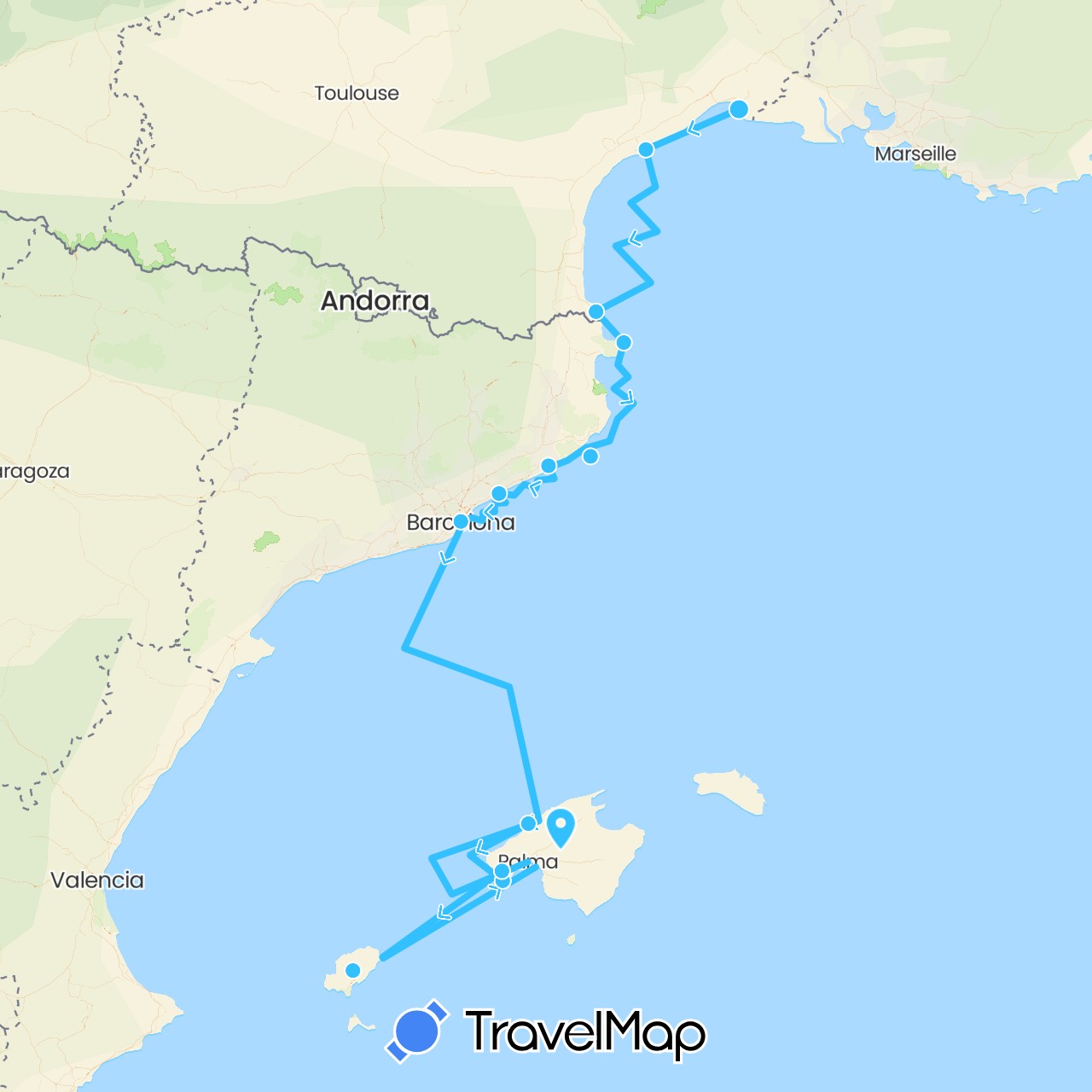 TravelMap itinerary: driving, boat in Spain, France (Europe)